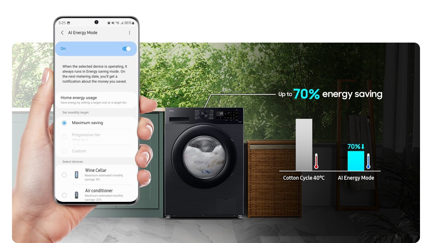 Le mode AI Energy pour lave-linge est activé en cochant le bouton de mode sur "On" et en sélectionnant l'appareil que vous souhaitez faire fonctionner sur votre smartphone. Le mode AI Energy réduit la consommation d'énergie jusqu'à 70 % de plus que le cycle coton à 40ºC.