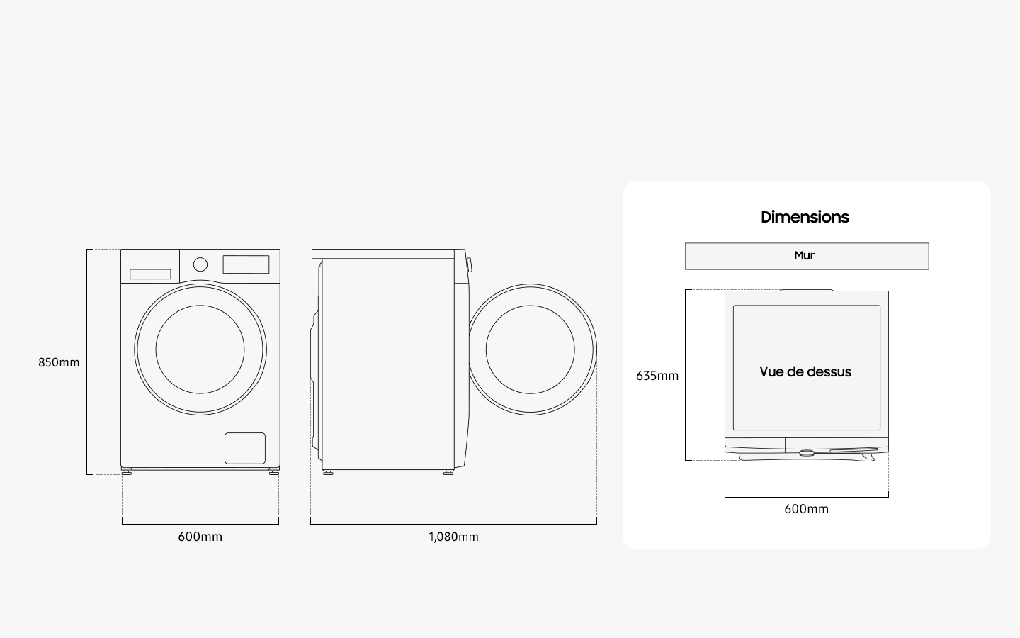 Illustration shows the WD5000C's dimensions from the front, side, and top. Detail size of WD5000C is measured 600mm in width, 850mm in height, and 635mm in depth. When the door in the front is opened, it measures 1,080mm in total width. WD5000C must be installed with some spacing from the rear wall.