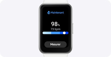 Galaxy Fit3 avec la fonction de mesure du taux d'oxygène dans le sang ouverte, avec un bouton de démarrage de la mesure à l'écran.