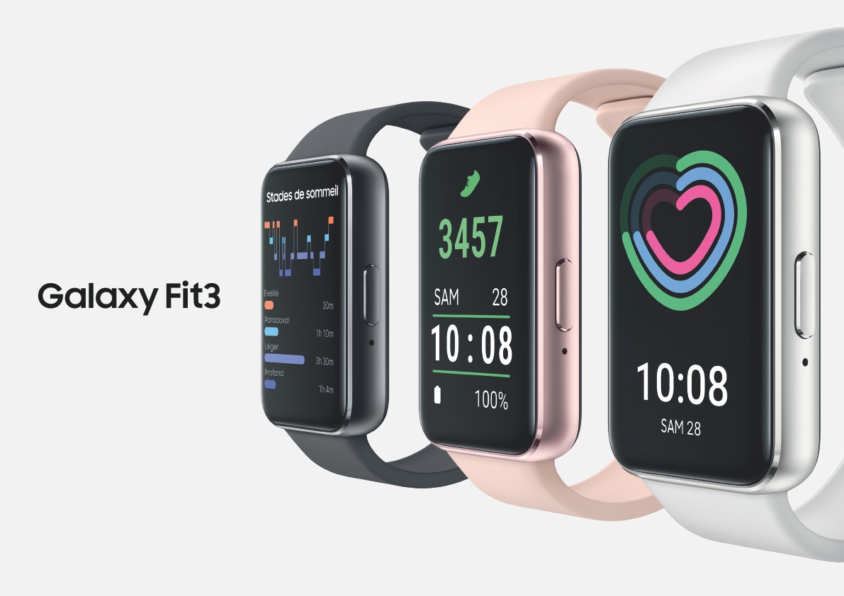 Three Galaxy Fit3 devices lined up facing sideways. Galaxy Fit3 Dark Gray with Sleep tracking feature on display, Galaxy Fit3 Pink Gold with Steps tracking feature and Galaxy Fit3 Silver with Daily Activity tracking feature.