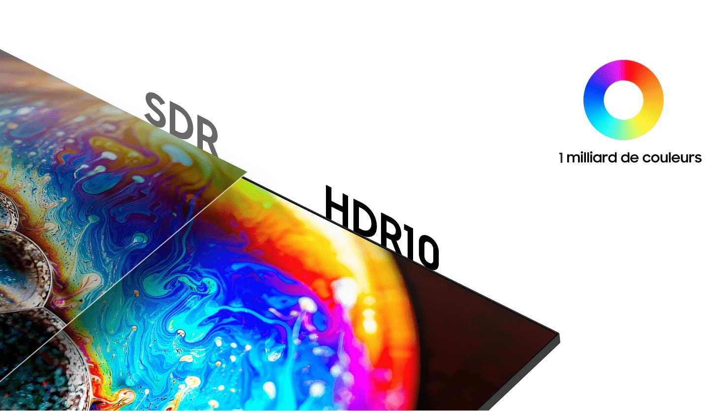 Comparaison de l’écran SDR à gauche et l’écran HDR10 à droite. Il y a une icone "1 milliard de couleurs" en haut à droite.