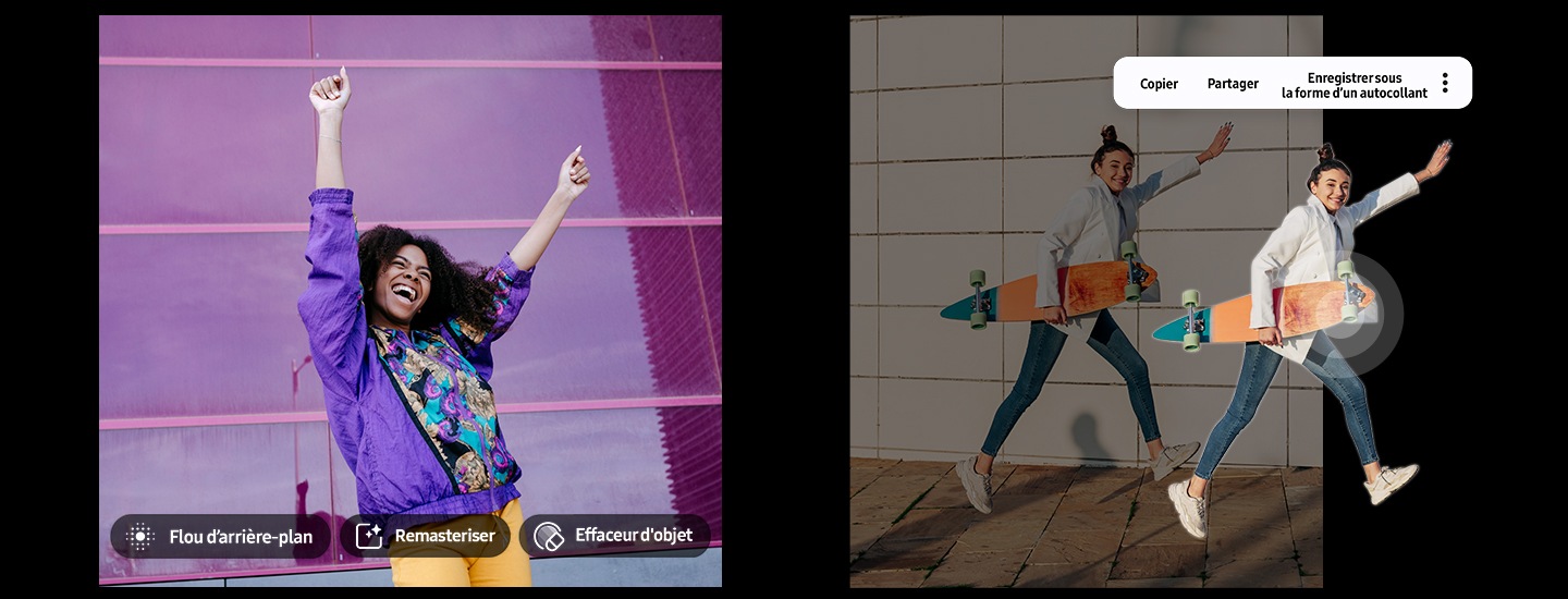 A split-screen image showcasing photo editing features. Edit Suggestion: A joyful woman with raised arms with options for Background blur, Remaster, and Erase reflections. Image Clipper: A woman holding a skateboard has been duplicated and lifted from the background, with options to copy, share, or save as a sticker displayed.