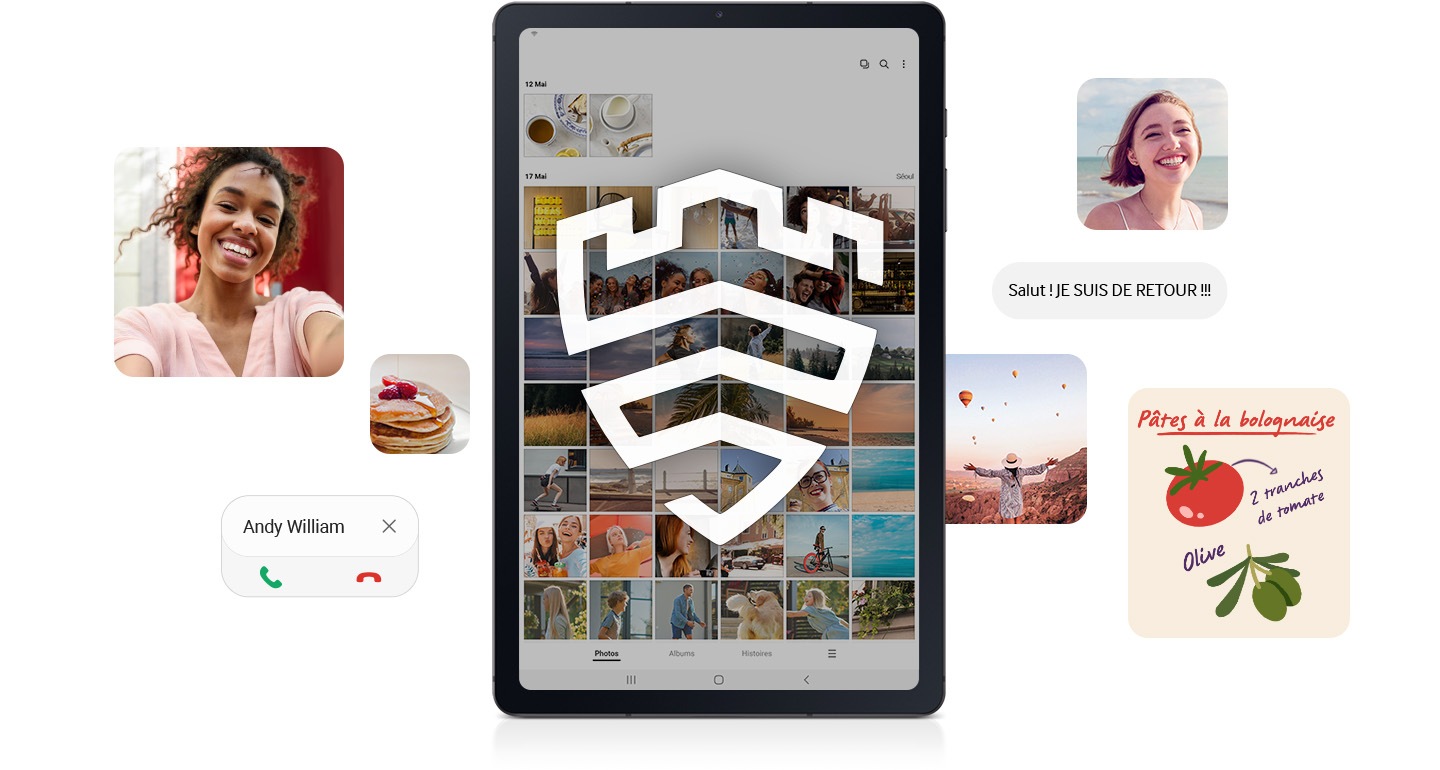 Un appareil Galaxy Tab S6 Lite avec le logo Samsung Knox couvrant l'écran au-dessus d'une grille de photos. Autour de l'appareil, des personnes, de la nourriture, des notes, des messages texte et des contacts sont dispersés pour montrer que tout le contenu de l'appareil est protégé.