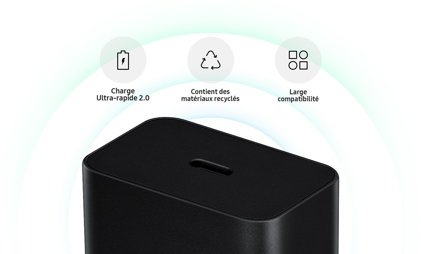 The top part of a black Power Adapter is shown. Three icons with the text 'Super Fast Charging 2.0', 'Recycled materials', 'Wide compatibility' are on top of the Power Adapter.