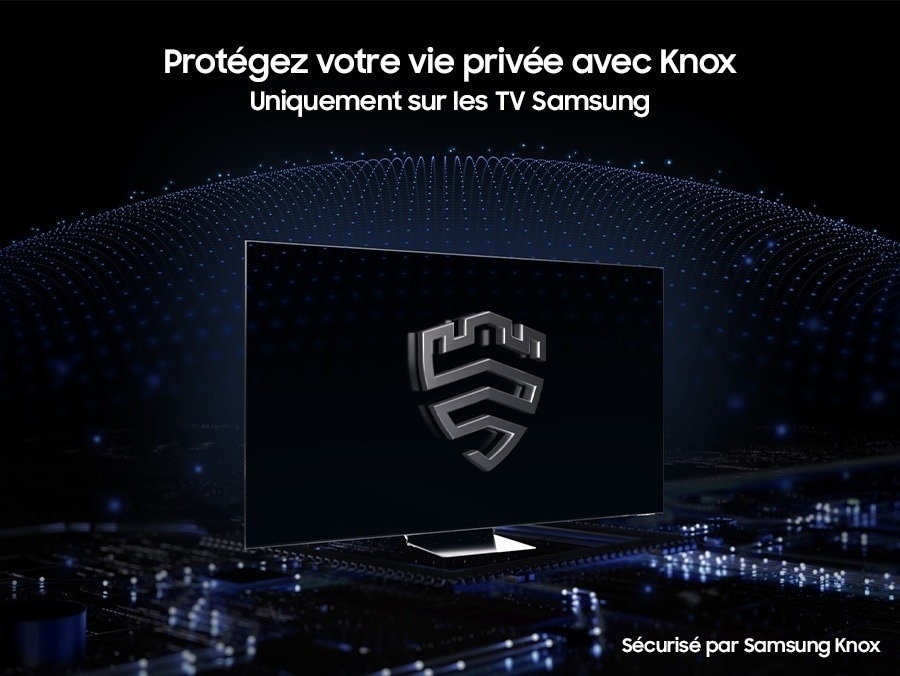 A multi-layered security solution is creating a dome-like enclosure behind a TV that's secured by Knox. The screen features the Samsung Knox emblem. The text Your privacy. Secured. Only on Samsung TV is on display on top.