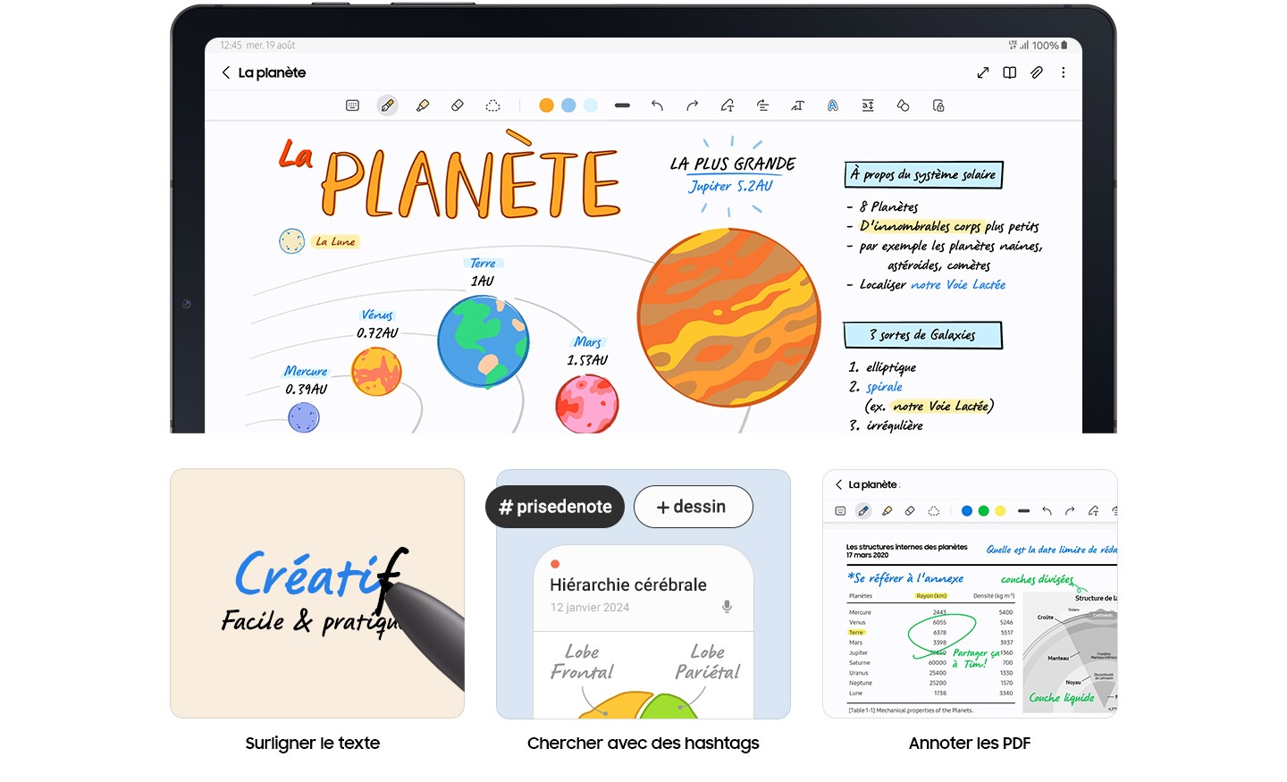Un croquis coloré du système solaire avec des planètes et la Lune est affiché en plein écran sur la Galaxy Tab S6 Lite, réalisé avec le stylo S Pen, avec des notes colorées et du texte surligné. Trois fonctions du S Pen sont présentées séparément : surligner du texte, effectuer des recherches avec des balises et annoter des PDF.