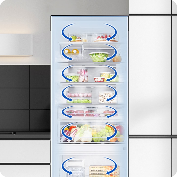 Visuel mettant en avant la technologie Multi-Flow avec des flèches circulaires montrant la circulation de l'air à chaque étage.