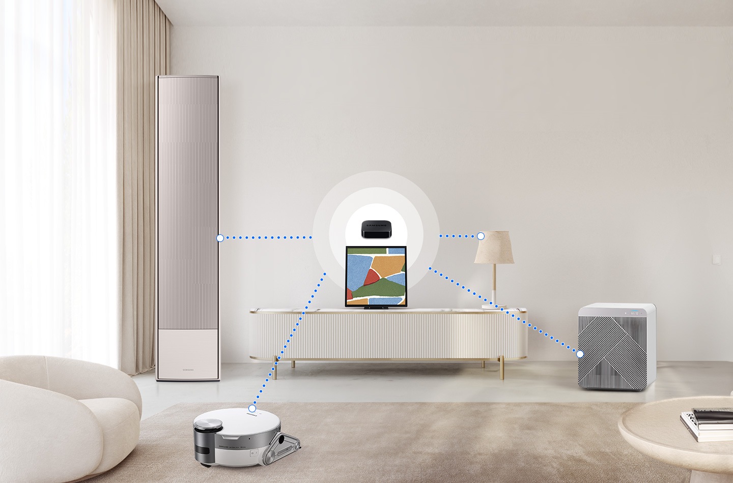 Music Frame is in a living room, with a SmartThings dongle floating over it. Dotted lines connect it to various home devices.