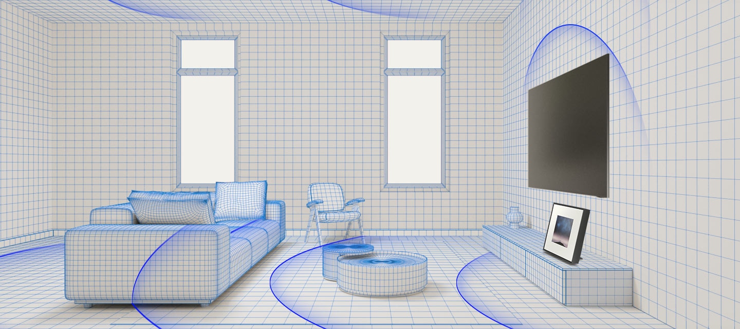 A living room with modern decor transforms into a sketch style, with the objects fading into mere outlines. Music Frame gives off a single pulse that travels across the entire room and analyzes the space. Then Music Frame emanates sound waves, indicating that audio is being played.
