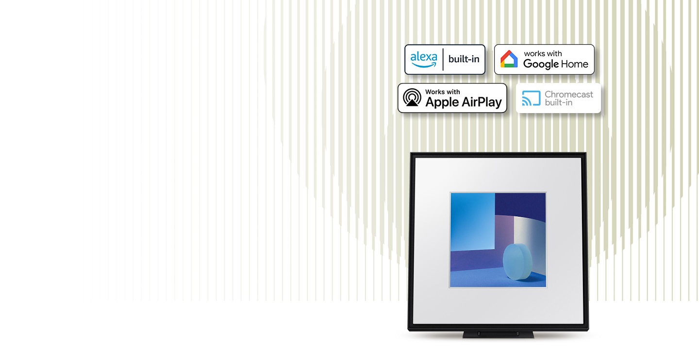 Music Frame with the logos for Alexa built-in, Works with Google Home, Works with Apple AirPlay and Chromecast built-in.