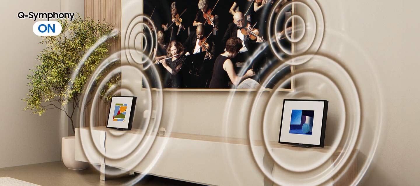 A TV displays a scene of a symphony playing music. Directly underneath, a TV stand has a Music Frame placed on either end, so the TV is flanked by two Music Frames. When Q-Symphony is OFF, the Music Frame on the right lets out ordinary vibrations of sound. When Q-Symphony is ON, the two Music Frames and the TV simultaneously let out larger vibrations of sound, which seem to fill the entire space.