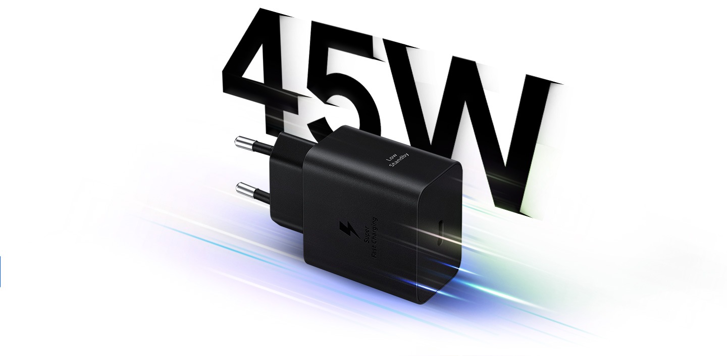 Un adaptateur électrique noir de 45 W est couché sur le côté, comme s'il avançait, ce qui indique une charge super rapide.
