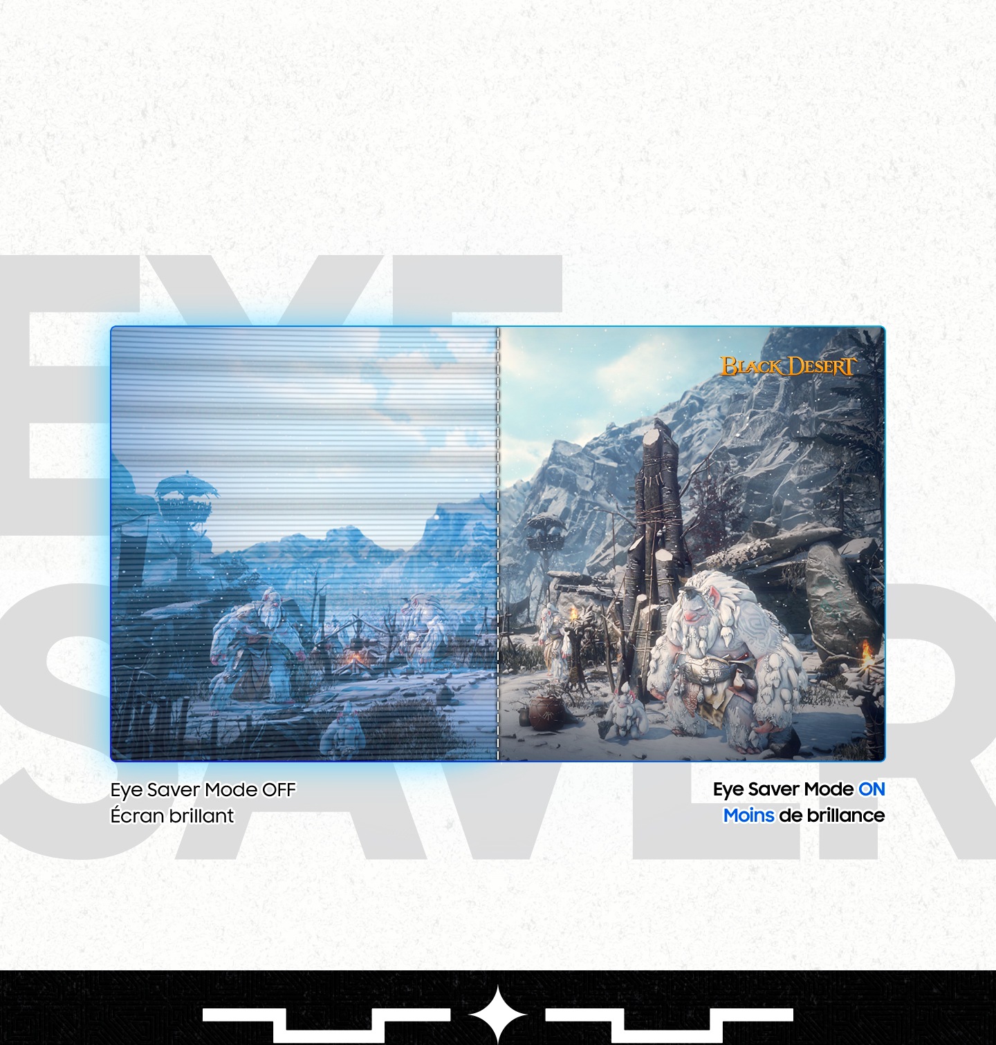 The screen is divided into two parts with the left side showing a snowy fantasy world without Eye Saver Mode with screen flickering, with the copies 