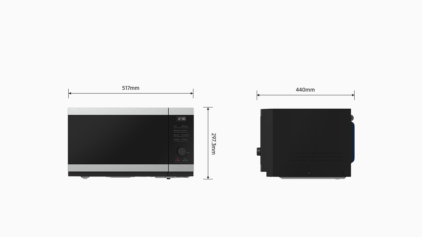 Shows the front and side of the microwave oven to illustrate how to measure its size. Its dimensions are: height = 297.3mm, width = 517mm, depth = 440mm.