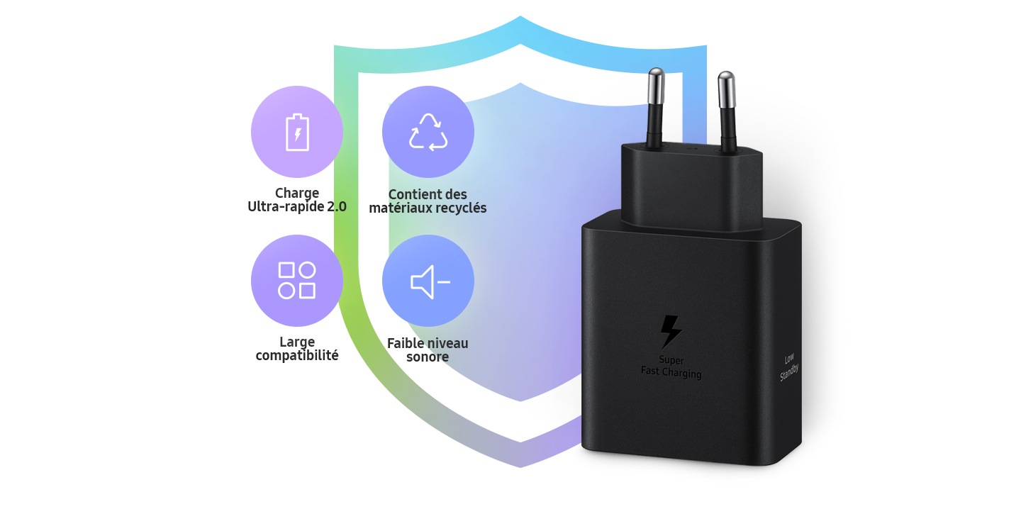 A black Power Adapter is shown with the pins-side up. Four icons with the text 'Super Fast Charging 2.0', 'Recycled Materials', 'Wide Compatibility', 'Low Noise Operation' are on the left side of the Power Adapter.