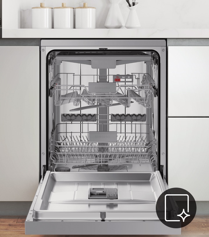 Shows the sparkling clean interior of the dishwasher after using the Self Clean function.