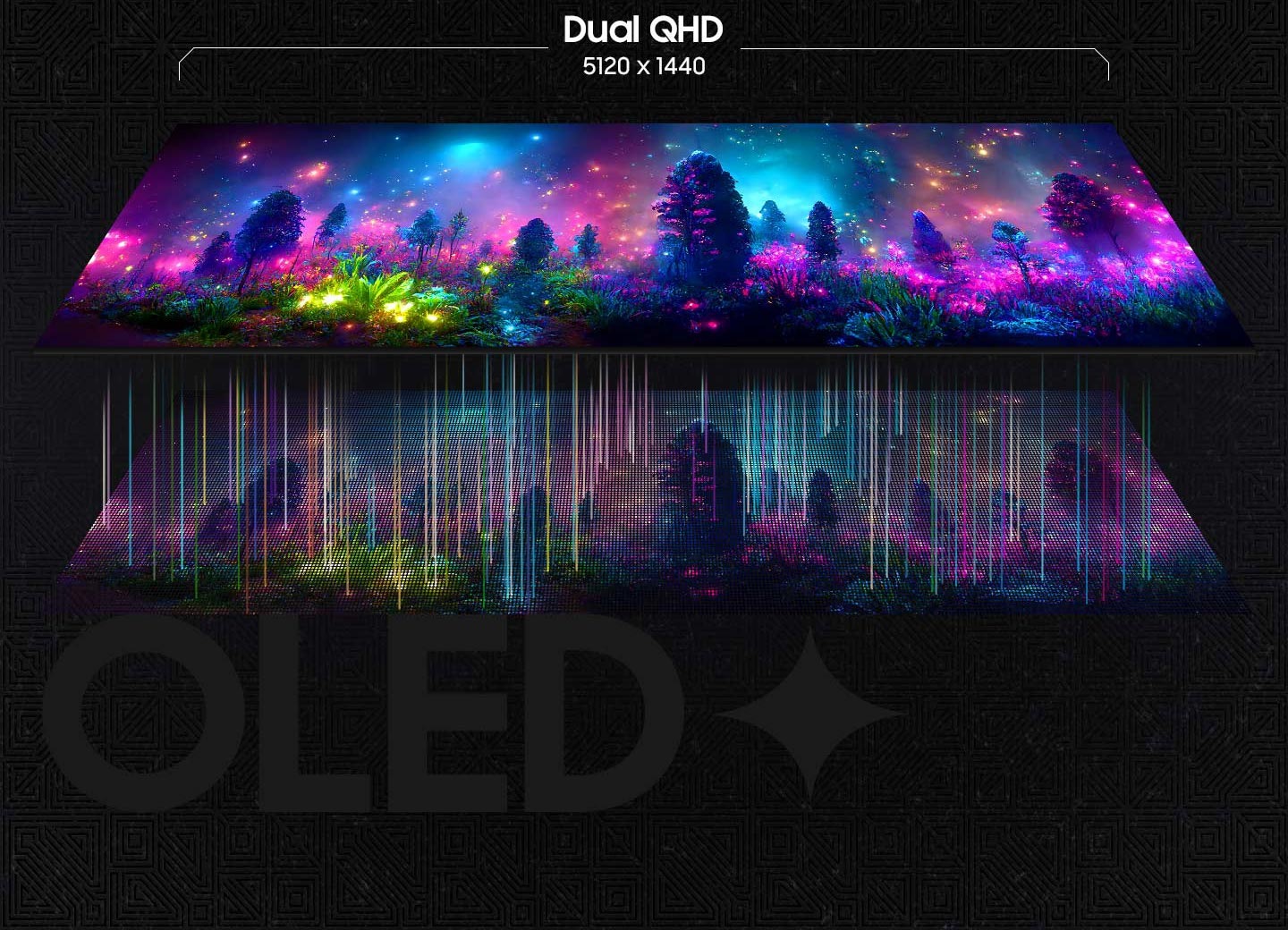 On y voit une jungle brumeuse entourée d'arbres et, derrière, un éclairage qui rend les choses plus claires et plus lumineuses. Au-dessus, la résolution de l'écran est indiquée : "Dual QHD (5120x1440)".