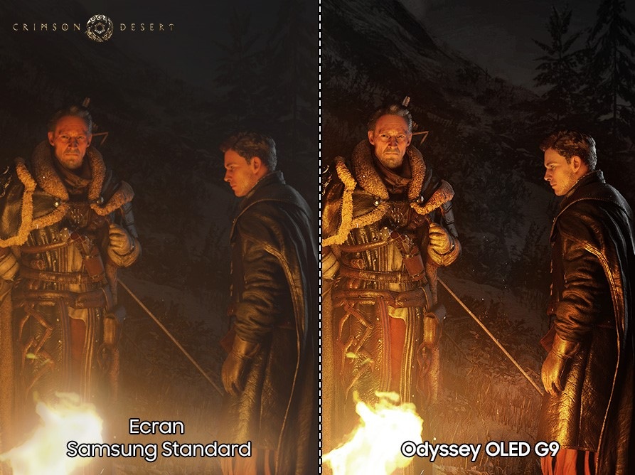 La même scène de deux hommes autour d'un feu de camp du jeu Crimson Desert est montrée deux fois en comparaison, avec le logo du jeu dans le coin supérieur gauche. Sur la droite, la scène est étiquetée "Odyssey OLED G9", les noirs sont beaucoup plus sombres que la scène de gauche étiquetée "Samsung Conventional Monitor".