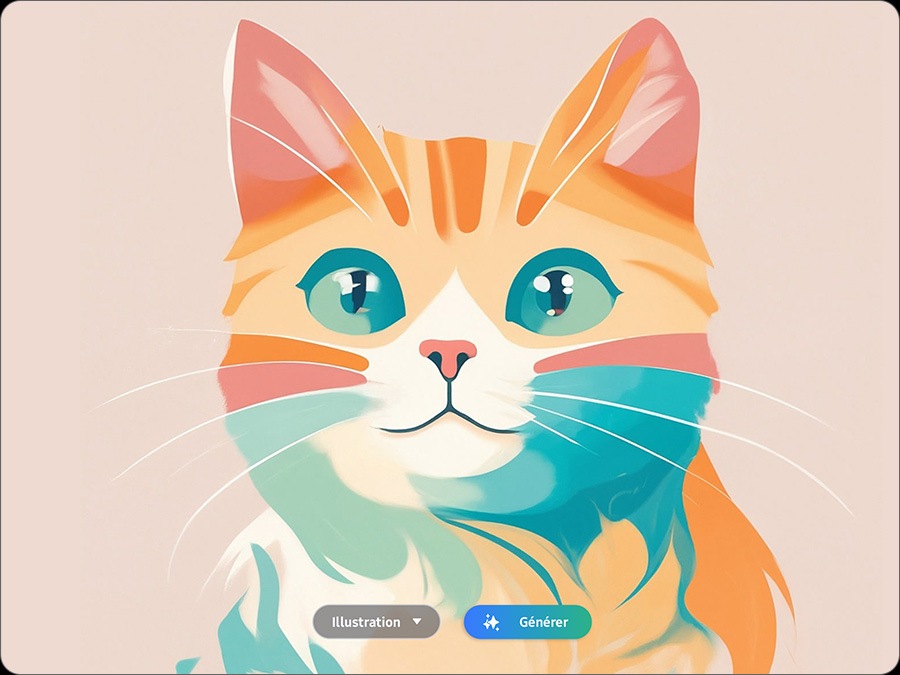 Un appareil de la série Galaxy Tab S10 affiche une image générée par l'IA du visage d'un chat. Un bouton en bas de l'écran affiche des options pour le type d'image générée par l'IA, comme Illustration, tandis que l'autre bouton est utilisé pour générer l'image.