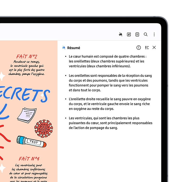 Une partie de l'écran de la tablette montre l'application Assistant Notes en cours d'utilisation, affichant un diagramme avec des illustrations et des textes manuscrits. Sur le côté droit de l'écran, les notes numériques liées au diagramme sont soigneusement organisées. 