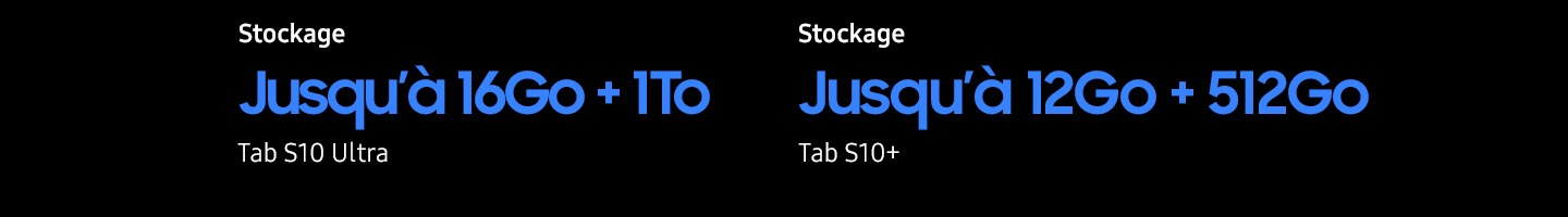 La légende indique Stockage jusqu'à 16 Go de RAM + 1 To pour la Tab S10 Ultra et Stockage jusqu'à 12 Go de RAM + 512 Go pour la Tab S10+.