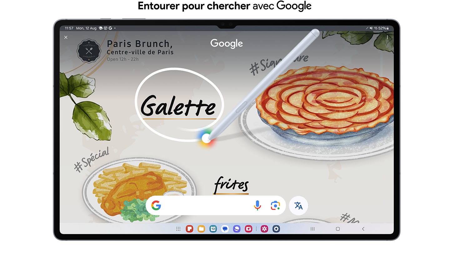 L'écran d'une tablette affiche une page internet avec des dessins de différents types de plats. Un stylo S Pen entoure le mot Galette écrit à la main sur l'écran. Le texte indique Entourer pour chercher avec Google.