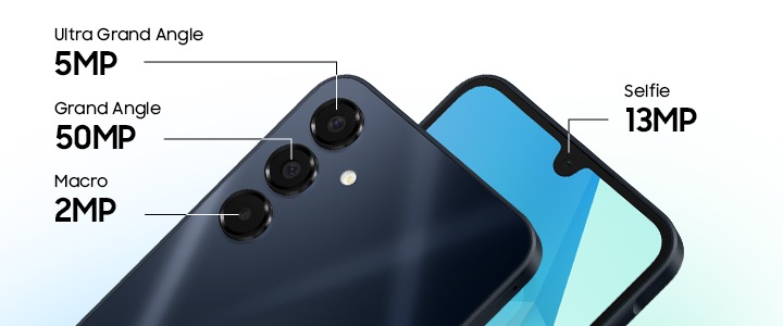 Deux appareils Galaxy A16 5G. Un vu de l’arrière, présentant la caméra ultra large de 5 mégapixels, la caméra principale de 50 mégapixels et la caméra macro de 2 mégapixels. L’autre vu de face, mettant en évidence la caméra frontale de 13 mégapixels.