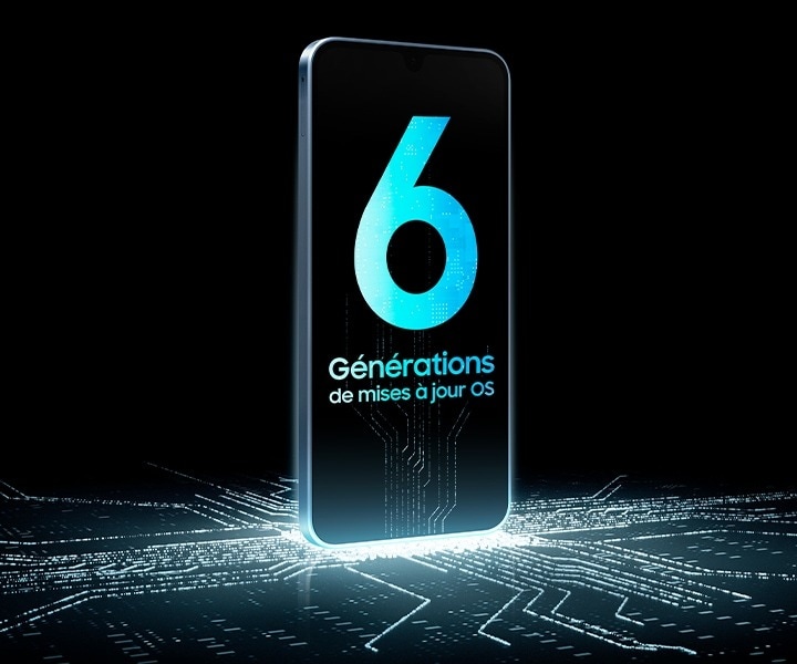 A Galaxy A16 device stands upright on top of a luminescent chip circuit that continues up the screen, which shows '6X OS upgrades'.