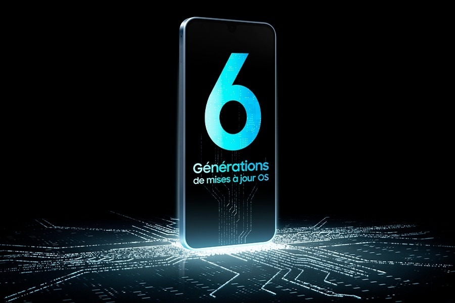 A Galaxy A16 device stands upright on top of a luminescent chip circuit that continues up the screen, which shows '6X OS upgrades'.