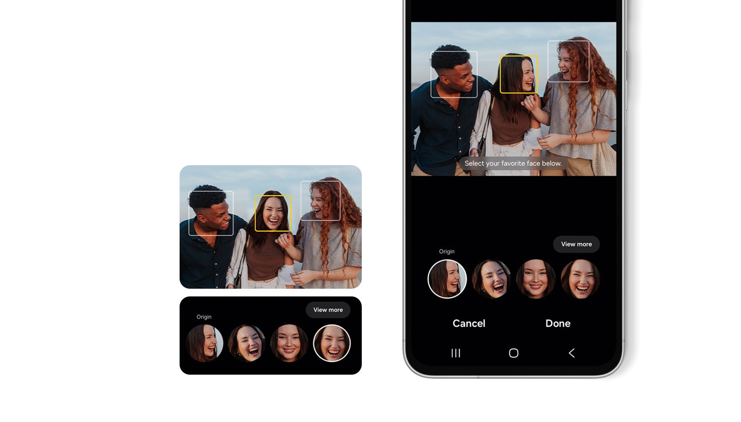 Слева находится графический интерфейс функции Best Face. Справа — часть Galaxy A56 5G с функцией Best Face на экране. Каждое лицо из трех человек находится в поле с текстом. Выберите понравившееся лицо ниже.