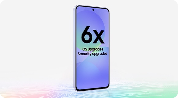 Galaxy A36 5G, вид спереди под небольшим наклоном. На экране отображается текст «Обновления ОС 6x» и «Обновления безопасности». Внизу находится дизайн, напоминающий чипсет.
