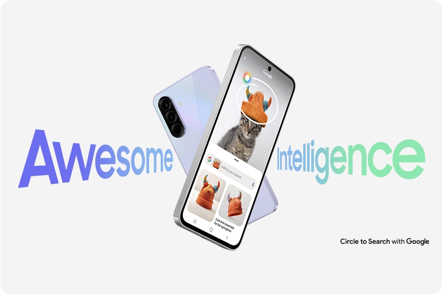 Два устройства Galaxy A36 5G образуют букву X. На заднем плане показан вид сзади. На переднем плане есть функция поиска по кругу на экране. Текст Потрясающий Интеллект можно увидеть. Текстовый кружок для поиска в Google находится в правом нижнем углу.