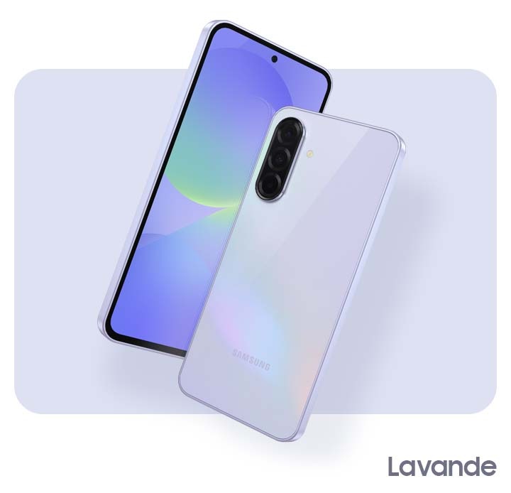 Two Galaxy A36 5G devices in Awesome Lavender. One showing the front view with an abstract graphic onscreen. The other, showing the camera layout and rear view in Awesome Lavender.