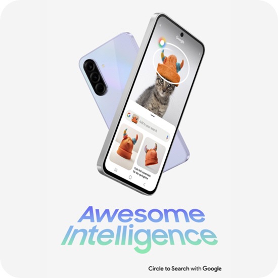 Two Galaxy A36 5G devices turning to form an X shape with Awesome Intelligence. The one in the front is displaying a cat with a hat. The hat is circled with Circle to Search feature and Google search result appears to show similar hats. Text Circle to Search with Google appears at the bottom right.