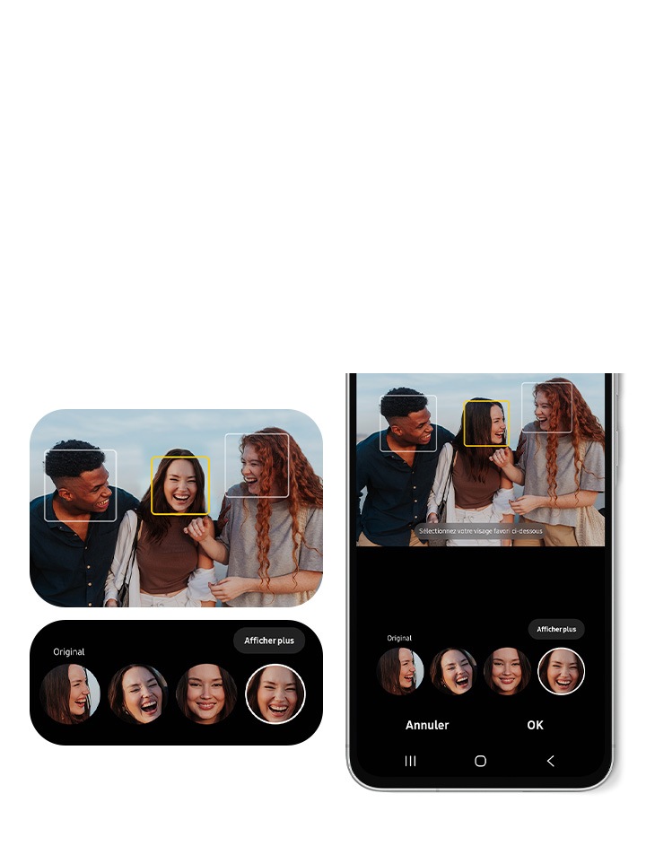 On the left is GUI of Best Face feature. On the right is part of Galaxy A56 5G with Best Face feature onscreen. Each face of three people is in a box with text Select your favorite face below.