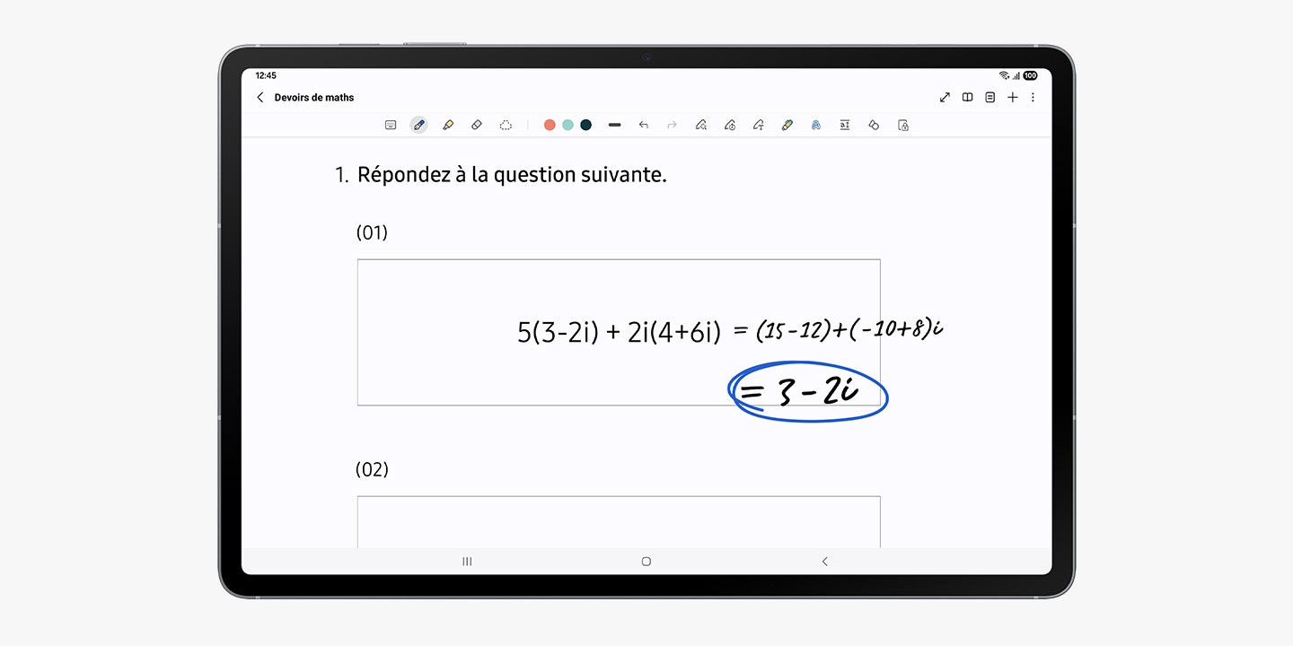 Galaxy Tab S10 FE+ screen shows a page labeled 'Math Homework' and a math equation with its solution written next to it.