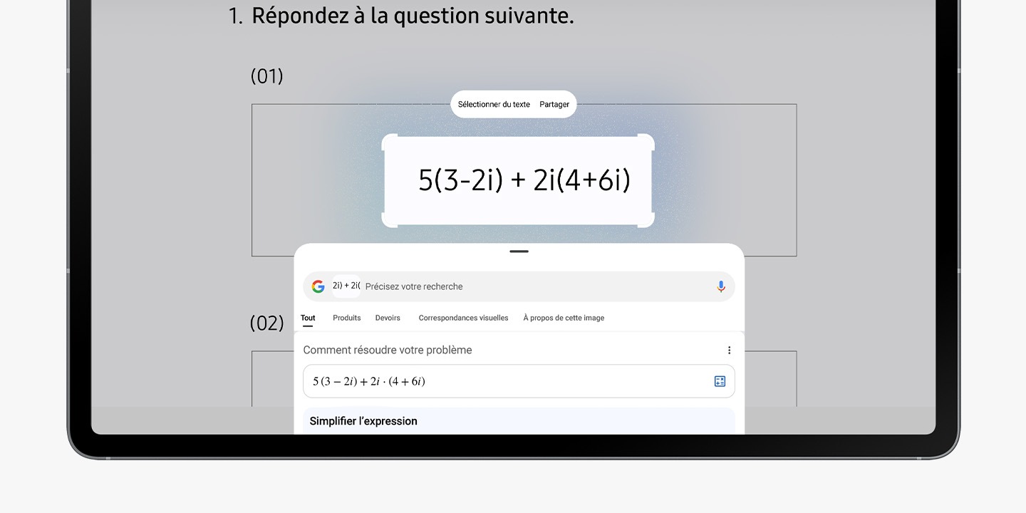 Galaxy Tab S10 FE+ screen shows a math equation highlighted with Circle to Search UI. Below it is a Circle to Search popup with details regarding the math equation.