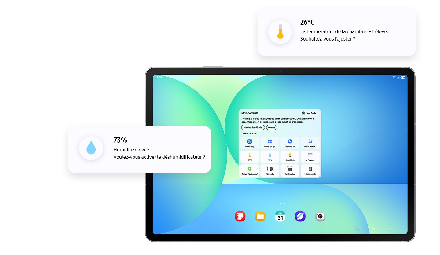 The Home Insight widget shown on the Home screen of Galaxy Tab S10 FE+ with various icons on the dashboard and AI suggestions about the temperature and humidity.