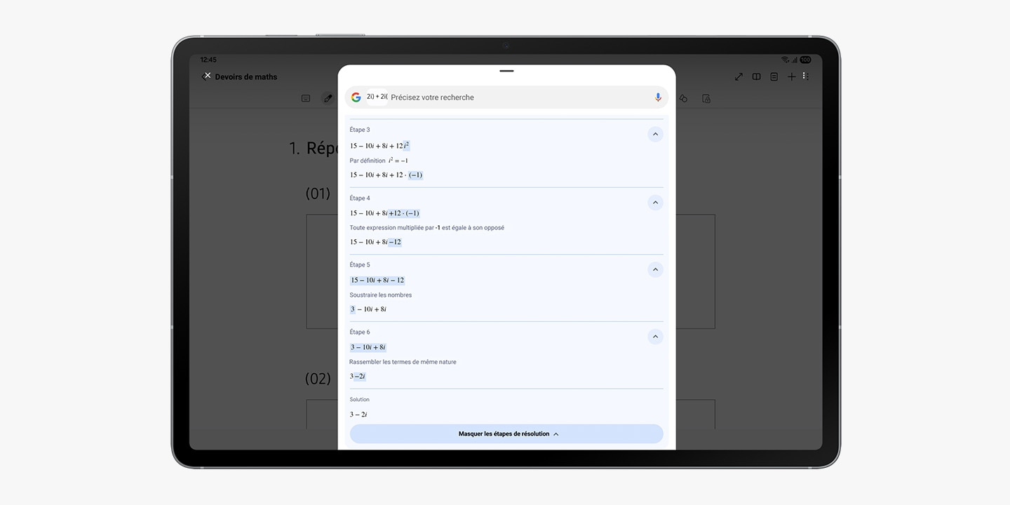 Galaxy Tab S10 FE+ screen displays a Circle to Search popup tab that explains the solution to a math equation.