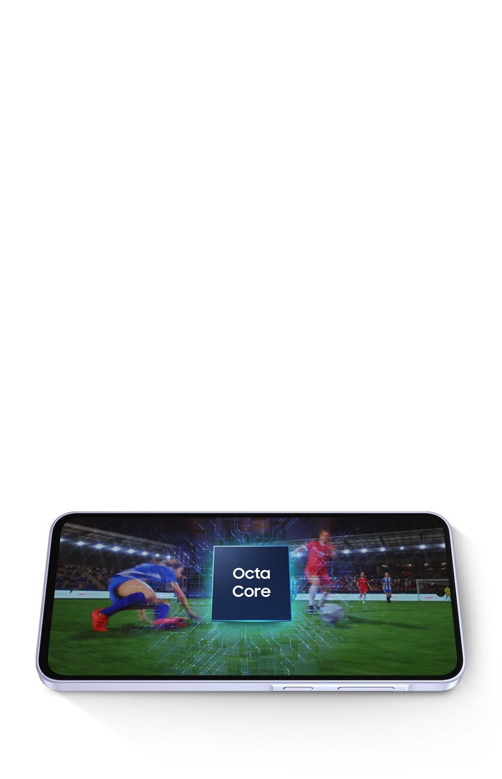 Galaxy A36 5G placed horizontally. Soccer match is onscreen. Above is Octa Core processor.