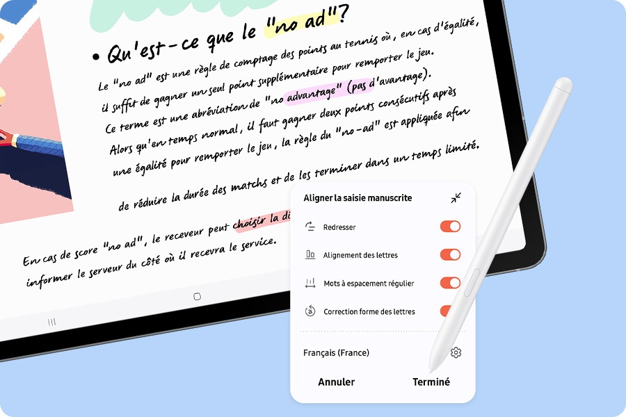 S Pen is used in Samsung Notes app on the screen of Galaxy Tab S10 FE+ to automatically align the handwriting of a messy note using the Handwriting Help feature.