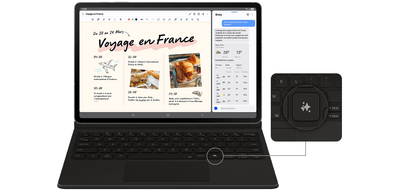 A Galaxy Tab S10 FE+ device with a Book Cover Keyboard attached is displaying Notes app on the screen. The screen in split to show a conversation with Bixby on one side. A close-up highlights Galaxy AI Key on the keyboard, showing its location.