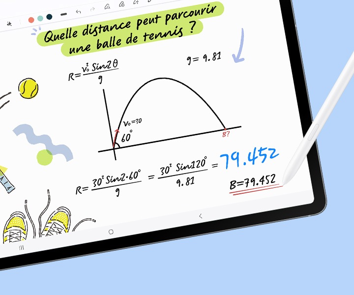 S Pen is used in Samsung Notes app on Galaxy Tab S10 FE+ to note down a math equation and Solve Math automatically provides the solution.
