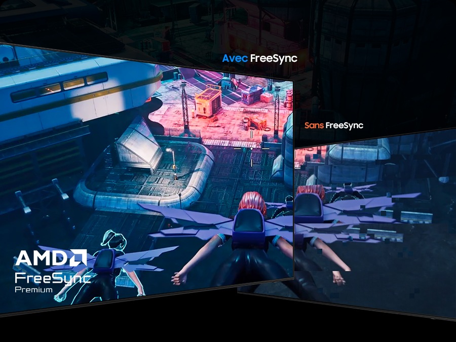 Avec FreeSync, le jeu fantastique à l'écran apparaît clairement. Sans FreeSync, l'écran est déchiré. AMD FreeSync Premium.