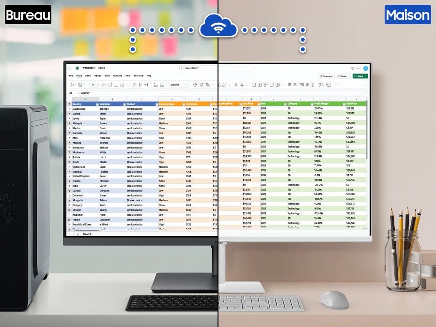 Monitor in an office workspace displays an Excel file containing a lot of data. This monitor is conn…