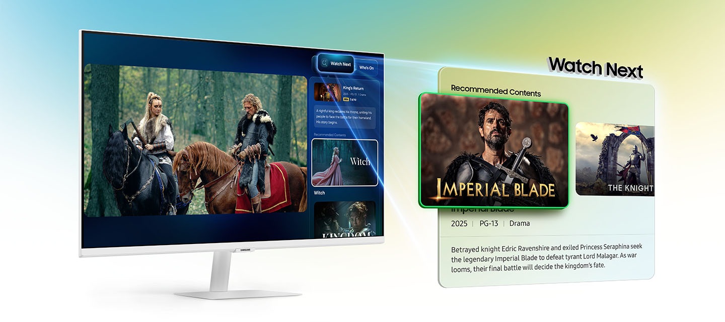 Monitor displays a scene of two characters riding a horse and Click to Search page on the right. Wat…