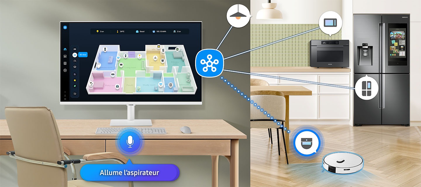 A monitor shows 3D Map View of home devices. Microwave, refrigerator and vacuum cleaner connected to…