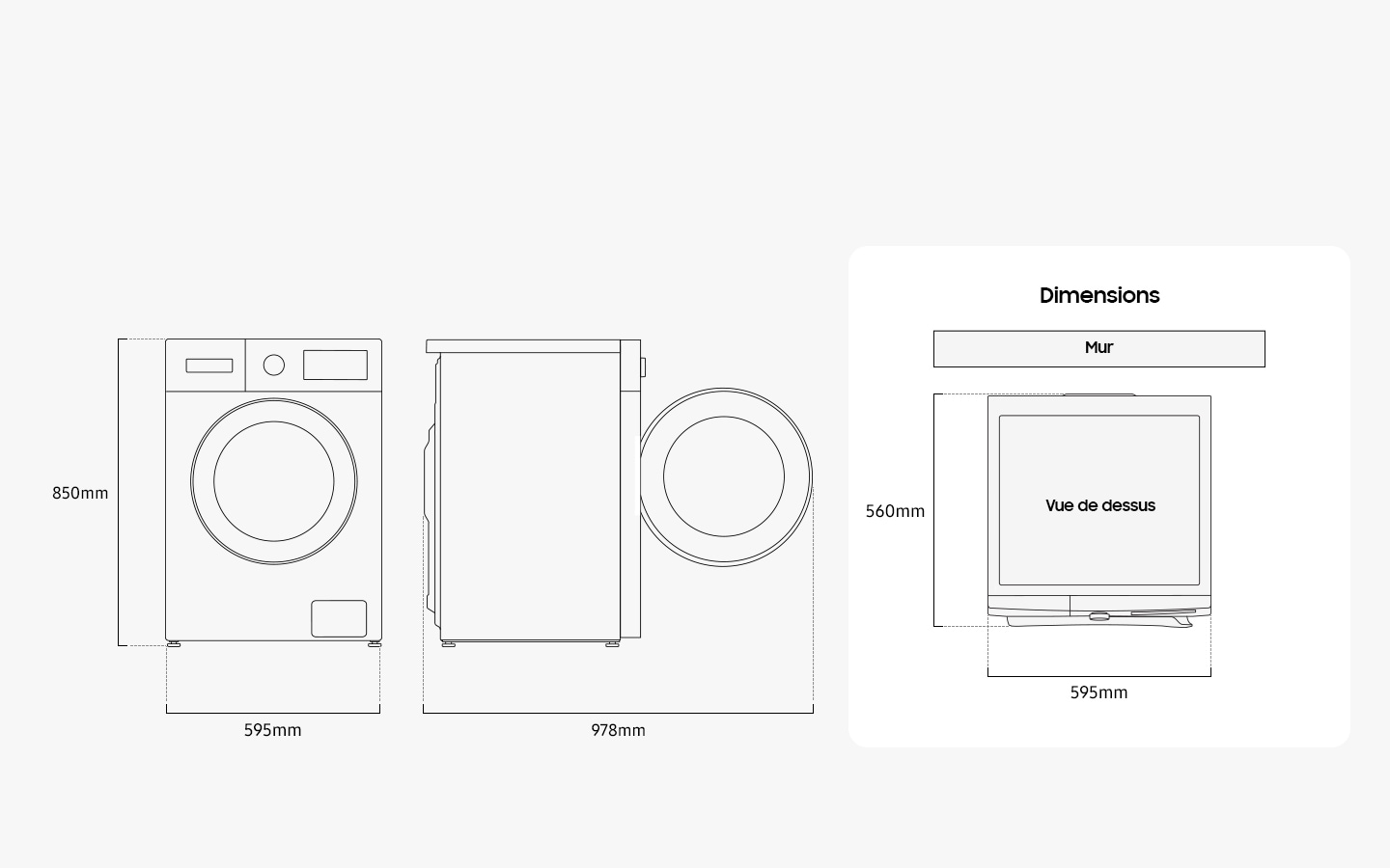 Illustration shows the washer’s dimensions from the front, side, and top. Detail size of washer is measured 595mm in width, 850mm in height, and 495mm in depth. When the door in the front is opened, it measures 913mm in total depth. The washer must be installed with some spacing from the rear wall.