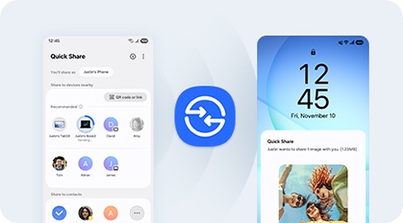L'écran du téléphone de gauche affiche la liste des fichiers et des contacts disponibles pour le partage, tandis que celui de droite affiche une notification pour un transfert « Quick Share » entrant avec un aperçu des images partagées, l'icône Quick Share étant centrée.
