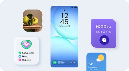 Écran de verrouillage d'un smartphone affichant l'application Samsung Health Running tracker dans la barre Now Bar en bas de l'écran, avec des widgets pour la galerie, l'activité quotidienne, l'alarme et la météo affichés autour de l'écran.